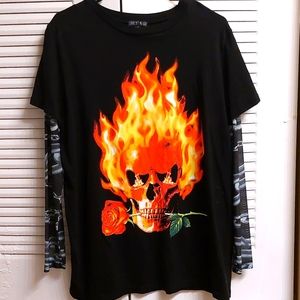 Current Mood Oversized Flame Skull Long Sleeve T-Shirt